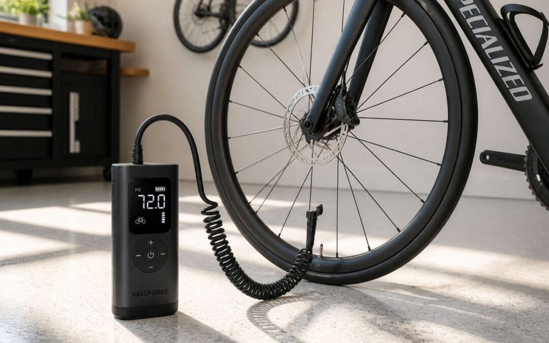 Electric bicycle tire pump that inflates tires in seconds.